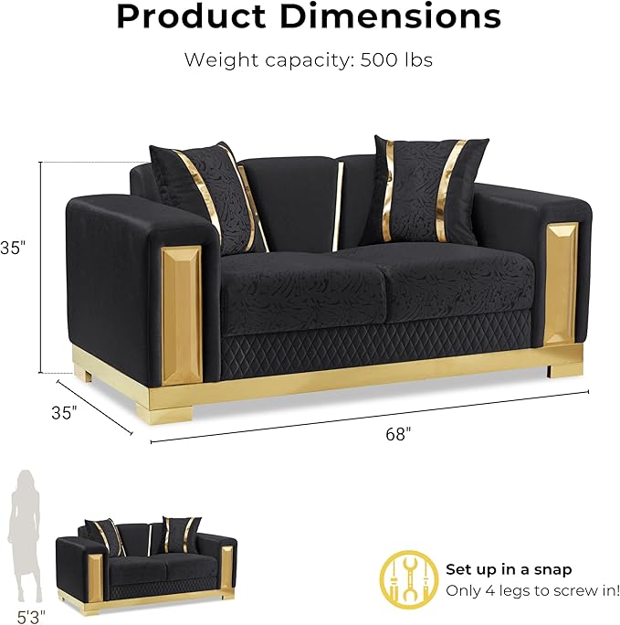 Furniture of America Samison II Glam Solid Wood Upholstered Loveseat with Accent Pillows, Damask Pattern and Gold Base, Soft Couch for Living Room, Bedroom, Office, Black