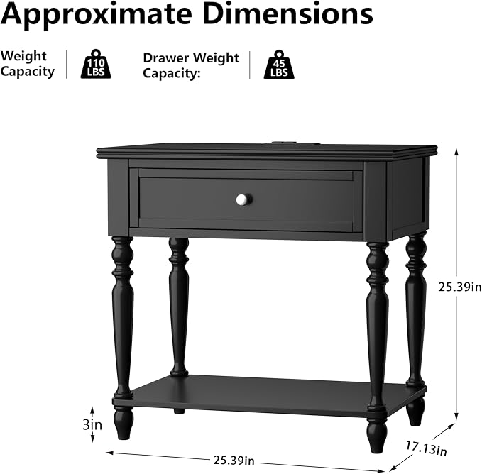 Solid Wood Nightstand with Charging Station, Traditional End Table with Drawers and Open Shelf, Bedside Table with Storage, Modern Side Table for Bedroom Set of 2, Black - Image 2