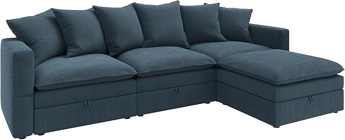 HONBAY Modular Sectional Sofa, 105.5 Inch Corduroy Sectional Couch, 4 Seaters L Shaped Sofa with Storage & Pillows for Living Room, Blue