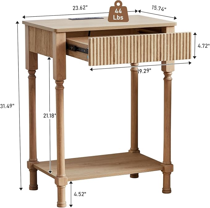 XUZENEST Fluted Nightstand with Charging Station, 23.6” Large Bed Side Table End Table with Drawer, Modern Mid Century Solid Wood Legs Night Stands Bedside for Bedroom Living Room Sofa Office, Natural - Image 2