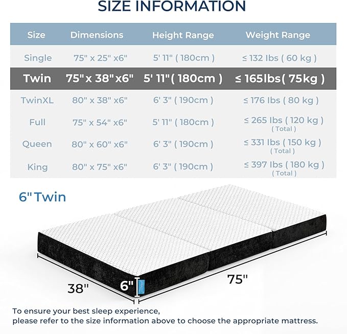 Odorless Foldable Mattress Twin Size 75" x 38" x 6", 6 Inch Folding Foam Mattress with Storage Bag, Fiberglass Free Trifold Memory Foam Mattress for RV, Guest Bed
