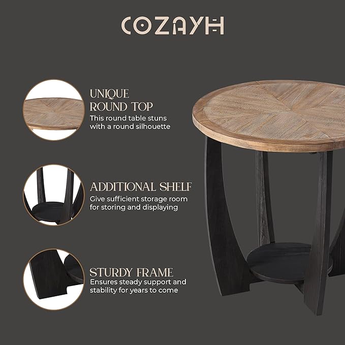 COZAYH Rustic Farmhouse End Table with Storage Shelf, French Country Modern Round Accent Side Table for Small Spaces, Wood Top & Black Base