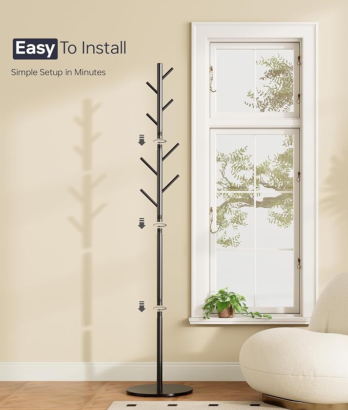 Coat Rack with 8 Hooks, 3 Adjustable Heights, Modern Hall Tree, Sturdy Metal Clothes Stand with Sintered Stone Base for Entryway, Office, Bedroom, for Coats, Hats, Handbags and Scarves, Black - Image 7