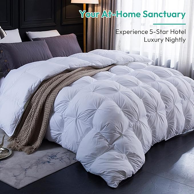 Three Geese Pinch Pleat Waterfowl Feathers and Down Comforter Twin Size Duvet Insert,750+ Fill Power,1200TC 100% Cotton, Premium All Seasons White Warm Hotel Comforter with 8 Tabs.
