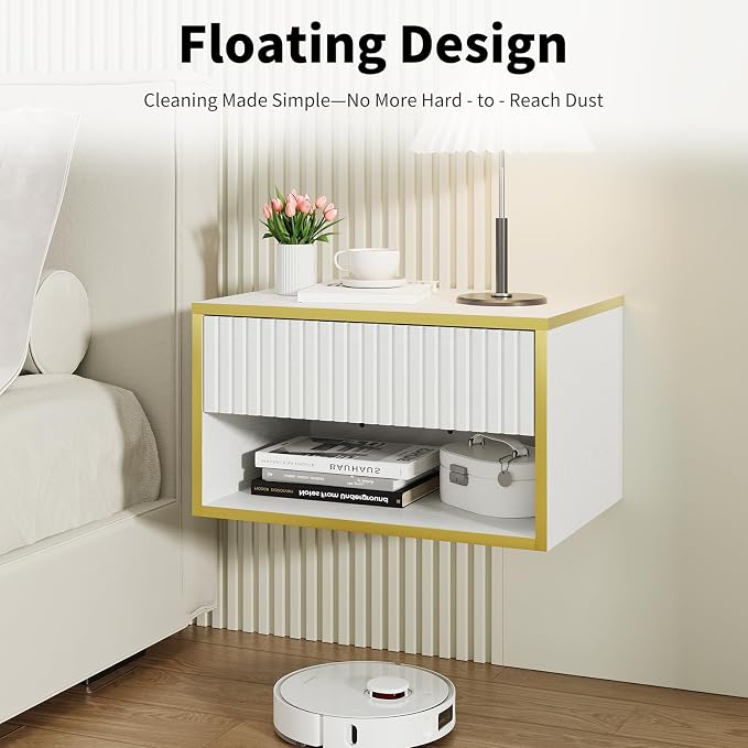 4ever2buy Floating Nightstand, Modern Night Stand with Drawer, Small Bedside Table End Table with Open Shelf Cubby, Wall Mounted Nightstand for Bedroom, White and Gold - Image 4