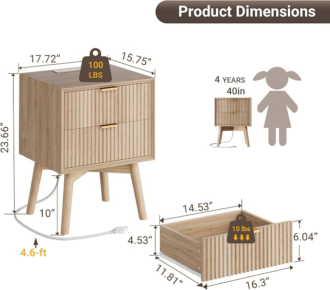 Fluted Nightstands Set of 2 with Charging Station and Solid Wood Legs, 18" Beveled Edges Night Stand, 2 Drawer Wood End Table w/Metal Handle, Modern Bedside Table for Bedroom, Natural Oak - Image 2