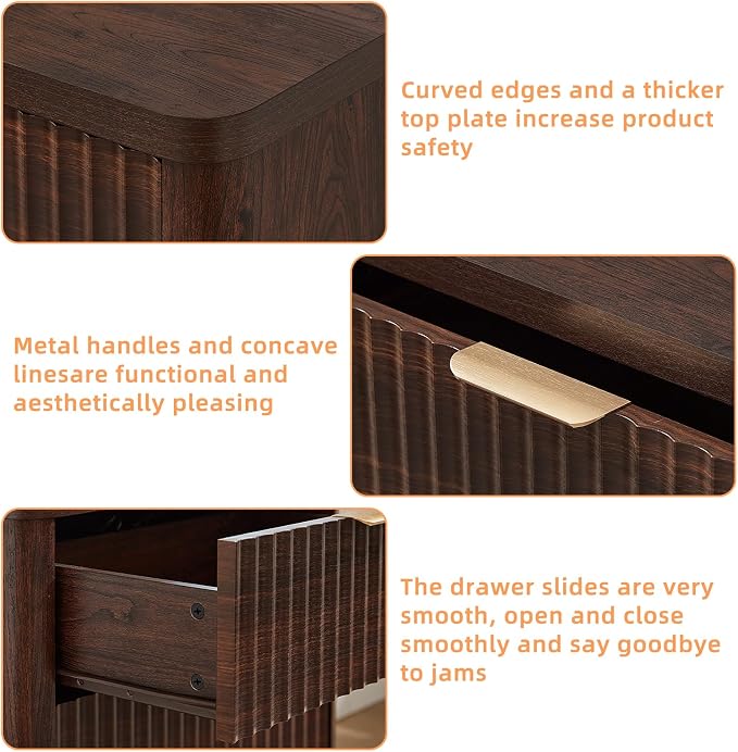 LEYAOYAO Fluted Farmhouse Nightstand Set of 2 with Charging Station, 23" Wide 3 Drawers Night Stand,Walnut Dresser for Bedroom,Bed Side Table Chest of Drawers,Wood End Table for Living Room - Image 7