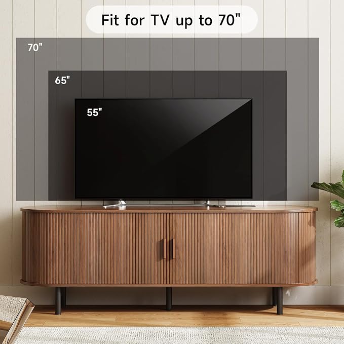ONBRILL 63" TV Stand with Power Outlet for TVs up to 70 Inch, Entertainment Center with Storage and Adjustable Shelves, Modern Media Console with Sliding Doors for Living Room, Walnut - Image 5