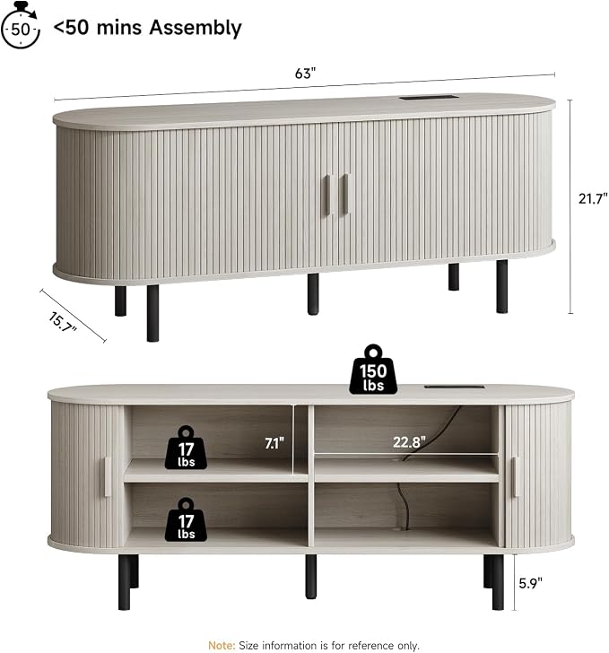 ONBRILL 63" TV Stand with Power Outlet for TVs up to 70 Inch, Entertainment Center with Storage and Adjustable Shelves, Modern Media Console with Sliding Doors for Living Room, Natural White - Image 2