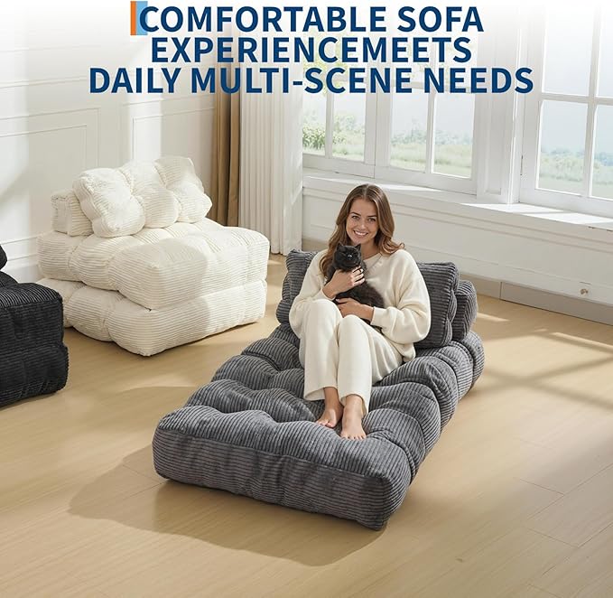 Folding Sofa Bed, Convertible Sleeper Chair with Pillow Foldable Matress with Back Support, Portable Fold Out Chair Bed Comfy Floor Sofa Lounge for Living Room Bedroom, Gray, Single