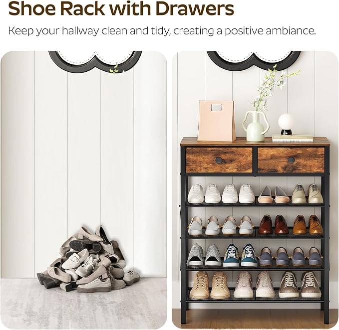 YATINEY 5 Tier Shoe Rack, Large Capacity Shoe Storage Organizer, Metal Shoe Shelf with Drawer and Wooden Top, for 20 Pairs of Shoes, for Entryway, Closet, Rustic Brown and Black SS25BRY1N1 - Image 6