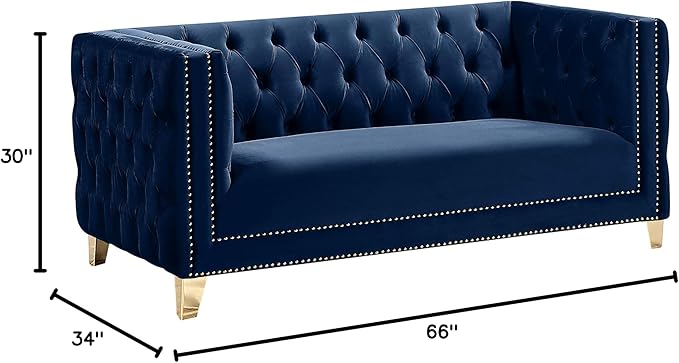 Meridian Furniture 652Navy-L Michelle Collection Modern | Contemporary Loveseat with Deep Button Tufting, Gold Nailhead Trim and Sturdy Gold Iron Legs, Navy Velvet, 66" W x 34" D x 30" H