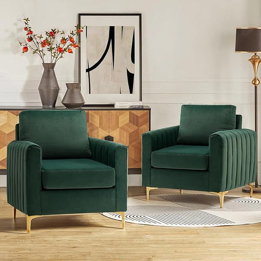 HULALA HOME Velvet Accent Club Chairs Set of 2, Modern Velvet Armchair Upholstered Accent Club Chairs Sofa Chairs with Gold Metal Legs Mid-Century Barrel Leisure Comfy Reading Armchair, Green