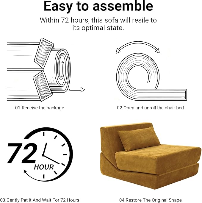 Folding Sofa Bed Chair, Convertible Sleeper Sofa Couch Bed w/Pillow, Lounge w/Back Support & Washable Cover for Living Room, Bedroom, Apartment, Office (Yellow) | With ashable cover, Foldable chair bed