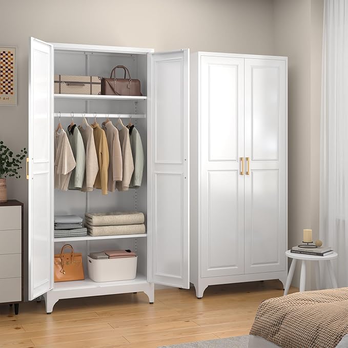 SteeLoong Metal Wardrobe Cabinet with Hanging Rod, 71" Tall Armoire Wardrobe Closet with 2 Doors and Adjustable Shelves, White Clothing Storage Cabinets for Bedroom, Laundry Room, Cloak Room