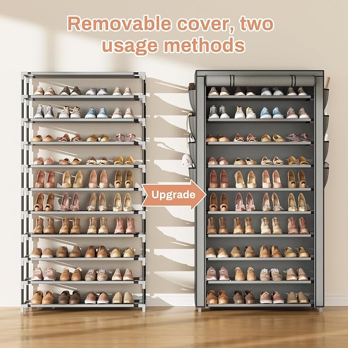 VTRIN Tall Shoe Rack with Cover, 10 Tier Shoe Organizer Storage for 50-55 Pairs Shoes and Boots Large Capacity Shoe Shelf with 8 Pockets Free Standing Shoe Rack for Closet, Entryway, Garage, Grey - Image 5