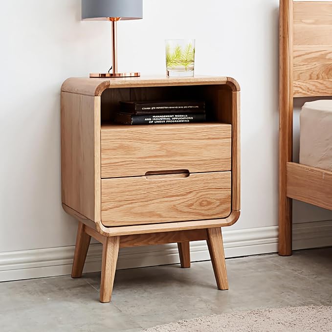 Solid Wood Nightstand, Mid Century Modern Small Nightstand with Two Drawers, Small Night Stand with Open Shelf, Oak Bedside Table for Bedroom, Dorm(Natural Wood Color) by Wayshome