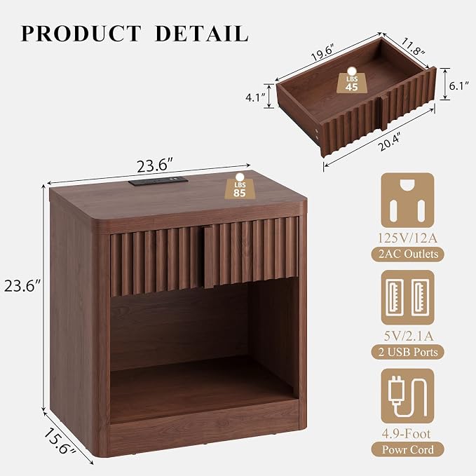 YANSNWO Fluted Nightstand with Charging Station, 23.6" Bedside Table with Open Shelf and Drawers Storage, End Table with Solid Wood Handle, Curved Profile Design, Night Stand for Bedroom, Walnut - Image 3