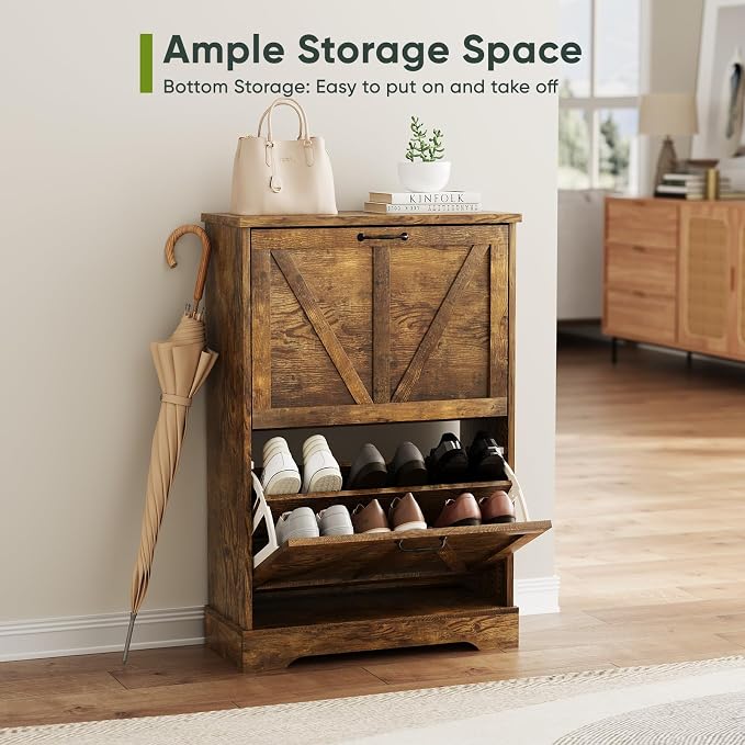 Smart FENDEE Shoe Cabinet, Shoe Storage Cabinet for Entryway with 2 Flip Drawers, Narrow Farmhouse Shoe Organizer Cabinet, Slim Shoe Rack Cabinet, 23.6in Rustic Brown - Image 5