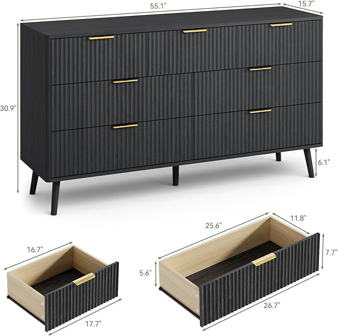 LYNSOM Fluted Dresser and Nightstand Sets 4 Piece, 2-Drawer Nightstands and 5/7 Drawers Dresser, Wood Bedroom Furniture Set for Home, Bedroom, Hallway, Black