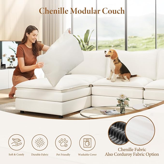 Vesgantti 101" V-Shaped Corner Couch Sectional, 7 Seat Customizable Modular Cloud Couches with Movable Ottoman, Chenille Deep Seat Sofa Set with Chaise for Living Room, Bedroom and Apartment, White
