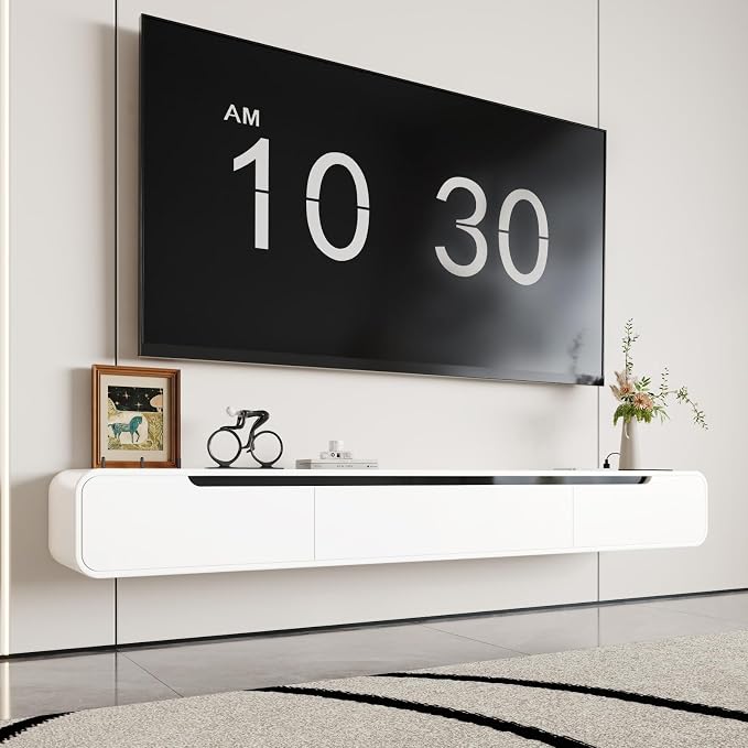 basenji Fully-Assembled Floating TV Stand - 70.8" Wall Mounted TV Stand with Power Outlet | High Gloss Modern Floating Entertainment Center Media Console for Living Room, Bedroom - White by Basenji