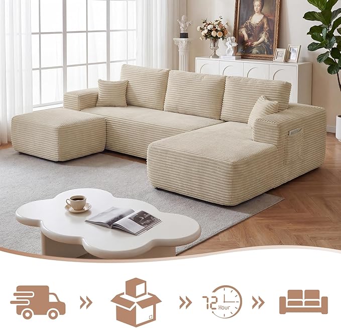104" Boneless Modular Sectional Sofa with Reconfigurable U-Shaped Layout, No Assembly Required Compressed Sofa, Deep Seat Seating with Ottoman for Living Room, Bedroom, Apartment Beige Left