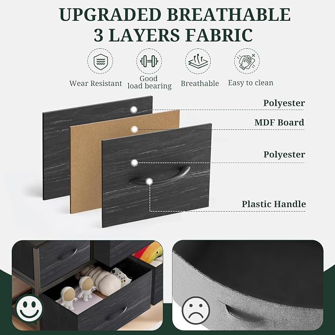 5-Drawer Dresser for Bedroom, Anti-Tip Wide Storage Organizer Fabric Chest of Drawers TV Stand for 45" TV with Wooden Top and Metal Frame for Closet, Living Room, Hallway, Entryway, Charcoal Black - Image 6