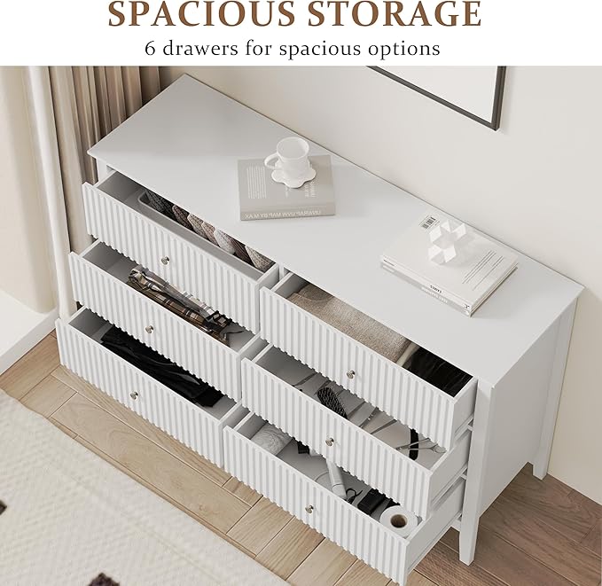 RoyalCraft White 6 Drawer Dresser for Bedroom, Fluted Painted Wood Chest of Drawers, Modern TV Stand Storage Cabinet for Living Room, Entryway, 47" W x 16" D x 32" H - Image 3