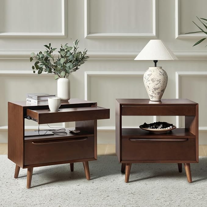 HULALA HOME End Table with Charging Station, Mid-Century Modern End Table with Pull-Out Shelf, Hidden Storage Side Tables, Wood Legs Set of 2, Walnut by HULALAHOME