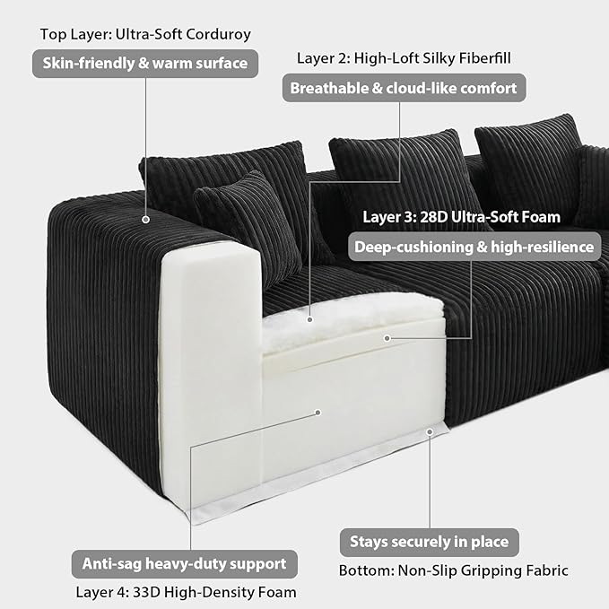 Deep Seat L Shaped Couch, Modular Boneless Sectional Sofa, Modern Cloud Sectionals, No Assembly Living Room Couch with Ottoman for Living Room, Apartments & Bedroom (3 Seat + 1 Ottoman)