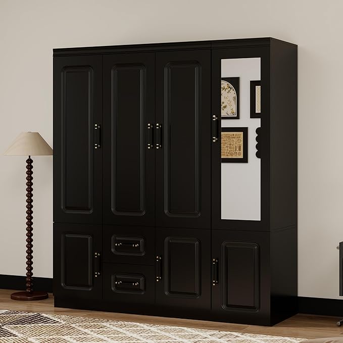 Modern 4-Door Black Armoire Wardrobe Closet with Mirror, 2 Hanging Rods, 2 Drawers, Bedroom Wardrobe