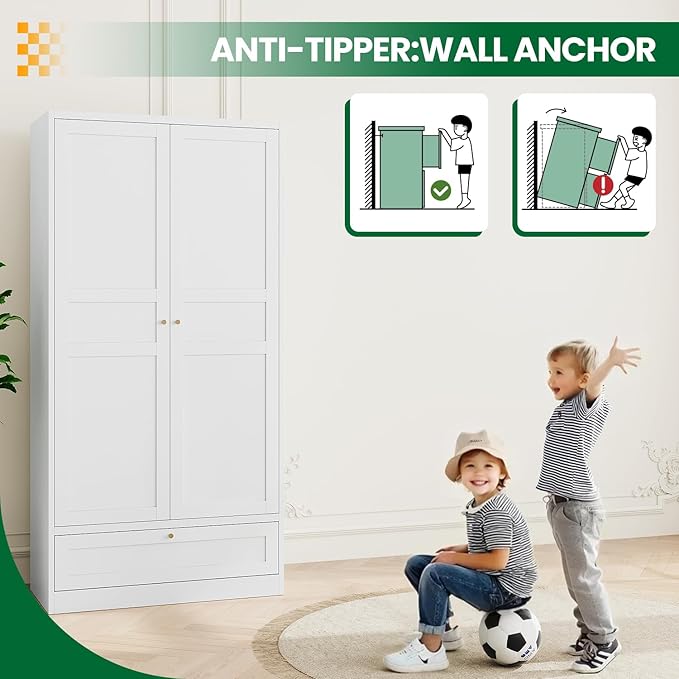 Metal Wardrobe Closet Cabinet,White Armoire Wardrobe Closets Storage Cabinets with Drawer,Metal Storage Cabinet with Doors and Shelves for Laundry Room,Bedroom,Home Office,Bathroom