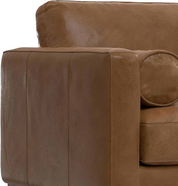SIMPLIHOME Morrison Arm Chair - 42 inch Wide Upholstered Genuine Leather Mid-Century Modern Accent Chair in Caramel Brown with Solid Wood Legs, Reversible Bolster Pillows and Reclined Back