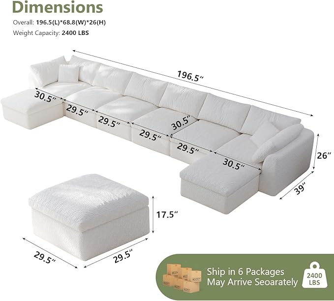 Modular Sectional Sofa Boneless Cloud Couch for Living Room, U Shape Deep Seat Recliner Sofa with Ottoman, Adjustable Backrest & 2 Throw Pillows - Covers Washable, (White, 6 Seater+2 Ottoman)