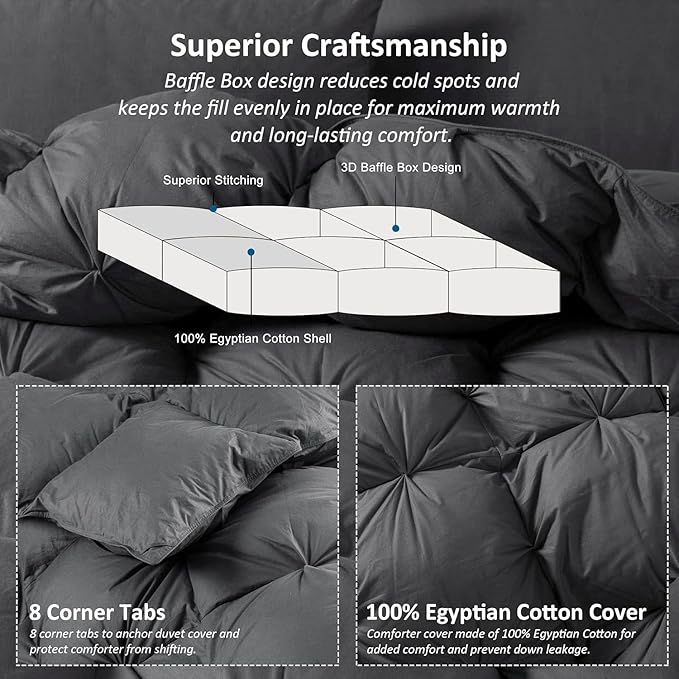 Luxurious Heavyweight Goose Down Feather Fiber Comforter Duvet Insert, Exquisite Gray Pinch Pleat Design, Oversize Queen 98 x 98, Premium Baffle Box 100% Egyptian Cotton, 70 oz Fill Weight