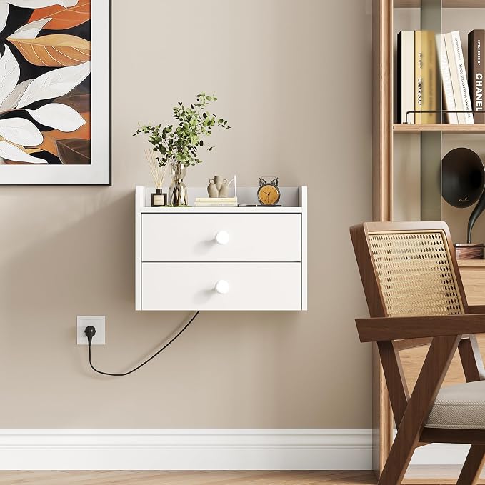 Floating Nightstand Set of 2 with 2 Storage Drawers and Charging Station Wood Wall Mounted Bedside End Table Modern Night Stands Set 2 for Bedroom,Small Space,White - Image 6
