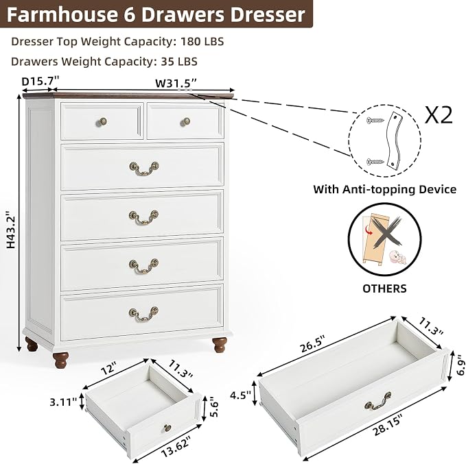 Joaxswe Farmhouse 6 Drawer Dresser Set of 2 for Bedroom, 42" Tall Rustic Chests of Drawers w/ 4 Solid Wood Feet, Mid Century Vintage Wooden Closet Storage Dressers Organizer for Living Room,White - Image 2