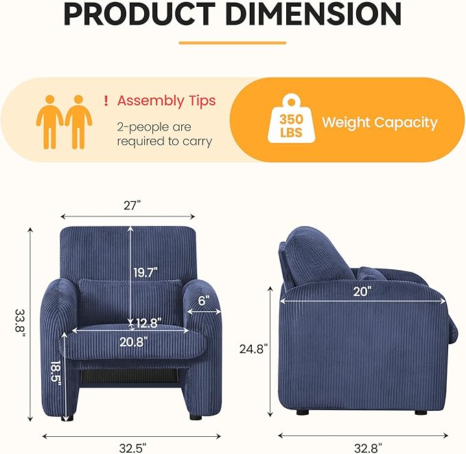 Modern Accent Chair, Comfy Upholstered Corduroy Armchair, Stylish Lounge Reading Chair for Living Room, Bedroom, Blue