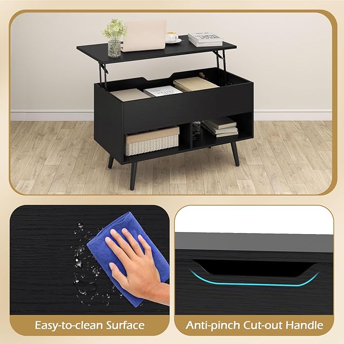 Giantex Lift Top Coffee Table, Modern Cocktail Table w/Hidden Compartment & 2 Open Shelves, Flip Top Center Table, Wooden Pull up Coffee Table for Living Room, Reception Room, Office (Black)