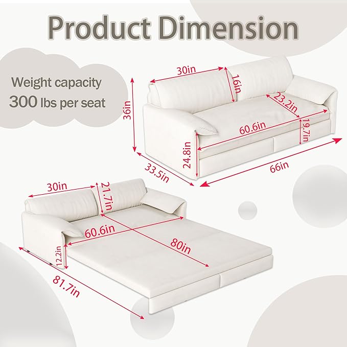 66" Queen Size Pull Out Sofa Bed, 3-in-1 Convertible Sleeper with Side Storage and Wheels, Velvet Loveseat for Living Room, Apartment, Bedroom, Beige (Mattress & Bedding Not Included)
