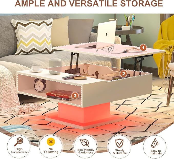 30.7" Lift Top Coffee Table with Storage, Square White Led Coffee Table with Large Hidden Storage, Wood Living Room Table Led Center Table for Dining Reception Room
