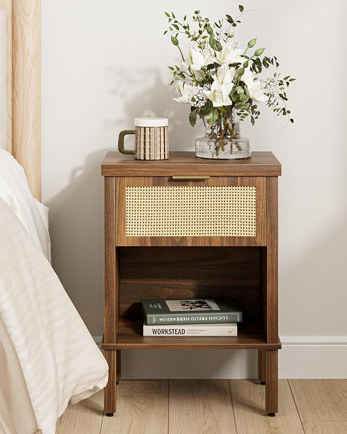 Rattan Nightstand with Drawer and Open Shelf, Boho Side Table with Gold Handle, Small Night Stand, Modern Bedside Table for Bedroom, Walnut - Image 4