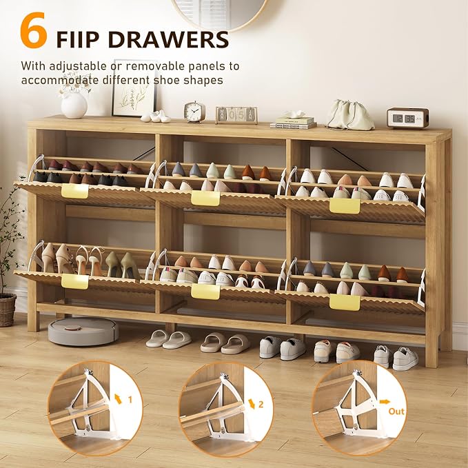 YOMILUVE 63" Shoe Cabinet Storage for Entryway, Fluted Shoe Cabinet with 6 Flip Drawers, Hidden Shoe Rack Freestanding Wooden Shoe Organizer with Legs for Hallway, Oak - Image 4