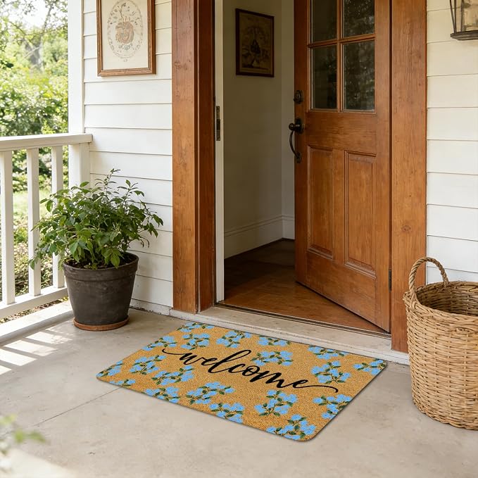 Blue Hydrangea Floral Welcome Mat, Cottagecore Blue Flower Faux Coir Door Mat Doormat for Front Door Indoor Outdoor Porch Entrance Entryway Outside Inside, 17x30 Inches - Image 4