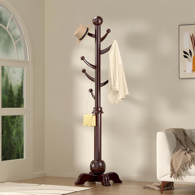 Hall Tree, Freestanding Wood Tree Rack with 7 Hooks, Coat Rack with Stable Sphere Base, Wooden Coat Rack Stand, Load 210 lb, Coat Hanger Stand for Entryway, Hallway, Bedroom (Black-Red) by TTVACVX