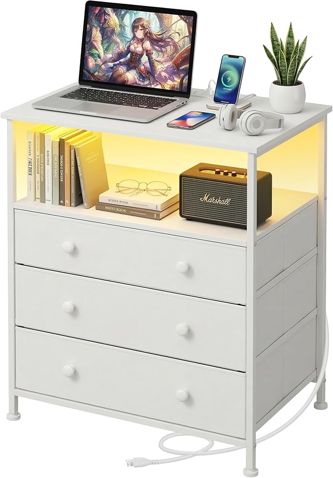 3 Drawers Dresser with Charging Station, 24 Inch Wide LED Night Stand with Adjustable Fabric Drawer, Nightstand with Storage Shelf for Living Room/Bedroom/Office, White. by PATAVOT
