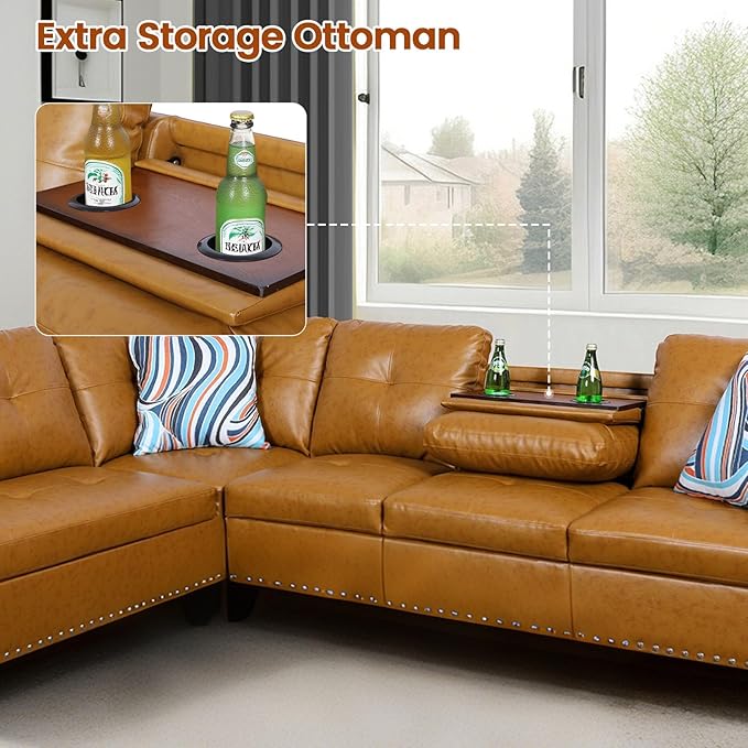 L Shape Sectional Couch with Chaise, 97.5 Inch Modular Sofa with Cup Holders, Sectional Couches for Living Room, Ergonomic Reclined Backrest, for Office and Small Apartment, Ginger