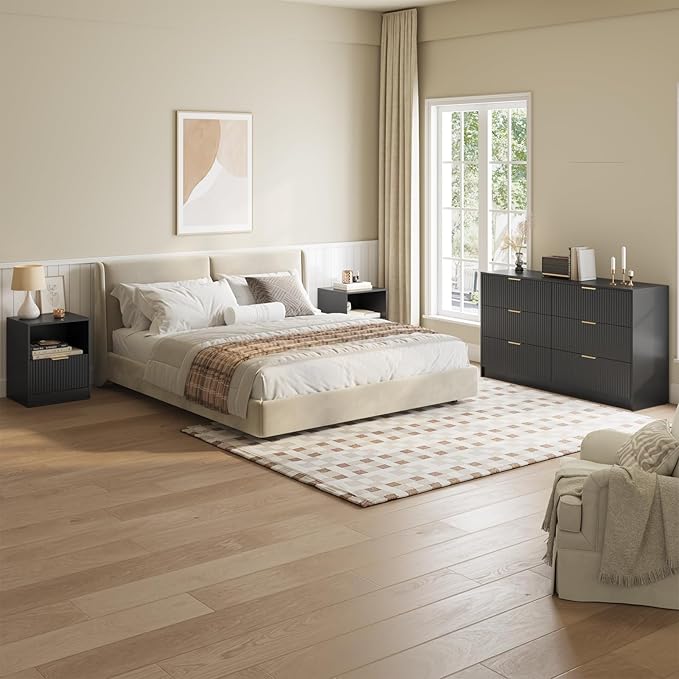 6 Drawer Dresser & Nightstand Set 3-Piece, 55” Wide Bedroom Set Night Stand Set of 2 with Metal Handle, Fluted Modern Wood Chest of Drawers Storage Dressers Set for Bedroom, Black