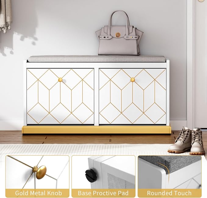 HLR Shoe Bench with Storage, Modern Entryway Bench with 2 Flip Drawer & Padded Cushion Seat, Shoes Storage Bench for Hallway, Closet, Living Room, White Shoe Storage Cabinet with Bench - Image 6